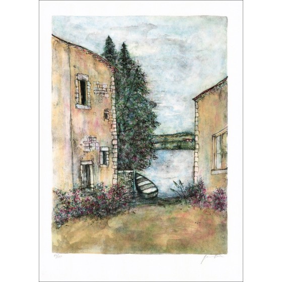 Koop originele lithografie van Bernard Gantner-huizen op de rivier