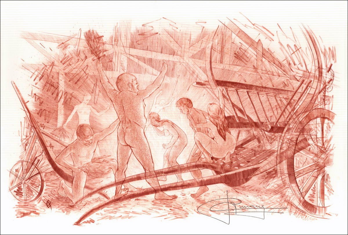 Raymond Carrance "In the Barn" Original lithograph on silk paper, signed with a pen - 40x59cm