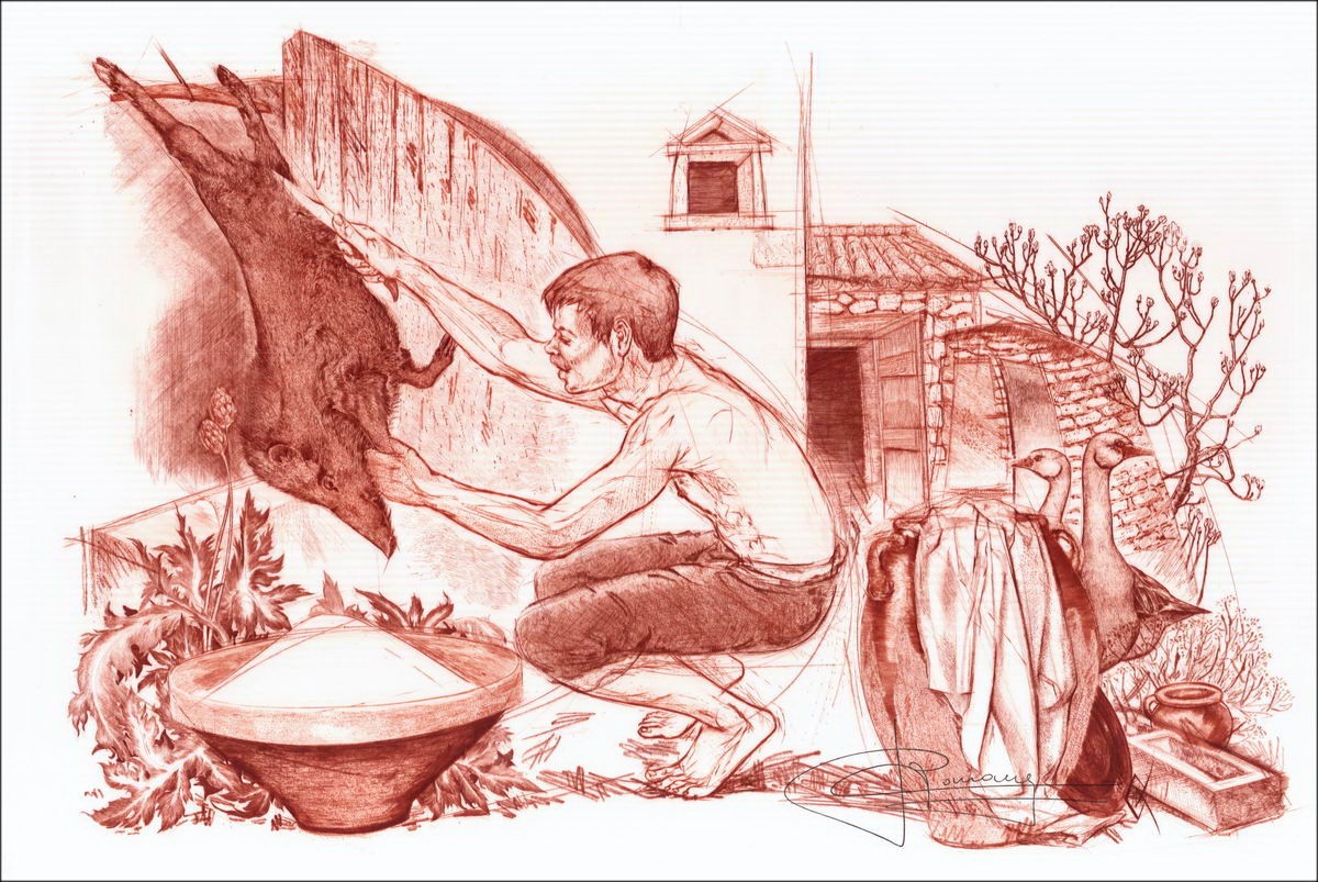 Raymond Carrance "Der ursprüngliche Lithographiejäger auf Seidenpapier, an der Wolke unterzeichnet - 40x59cm