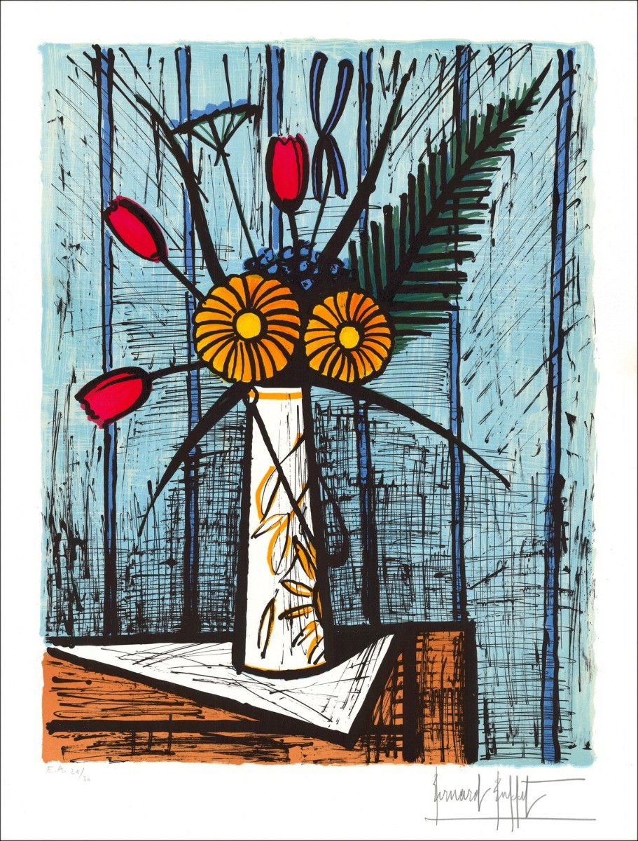 Bernard Buffet 'Tulpen en Soucis' 1984 - Originele litho waarnaar wordt verwezen