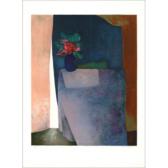 Aankoop originele lithografie Claude GAVEA-boeket op blauw tafelkleed