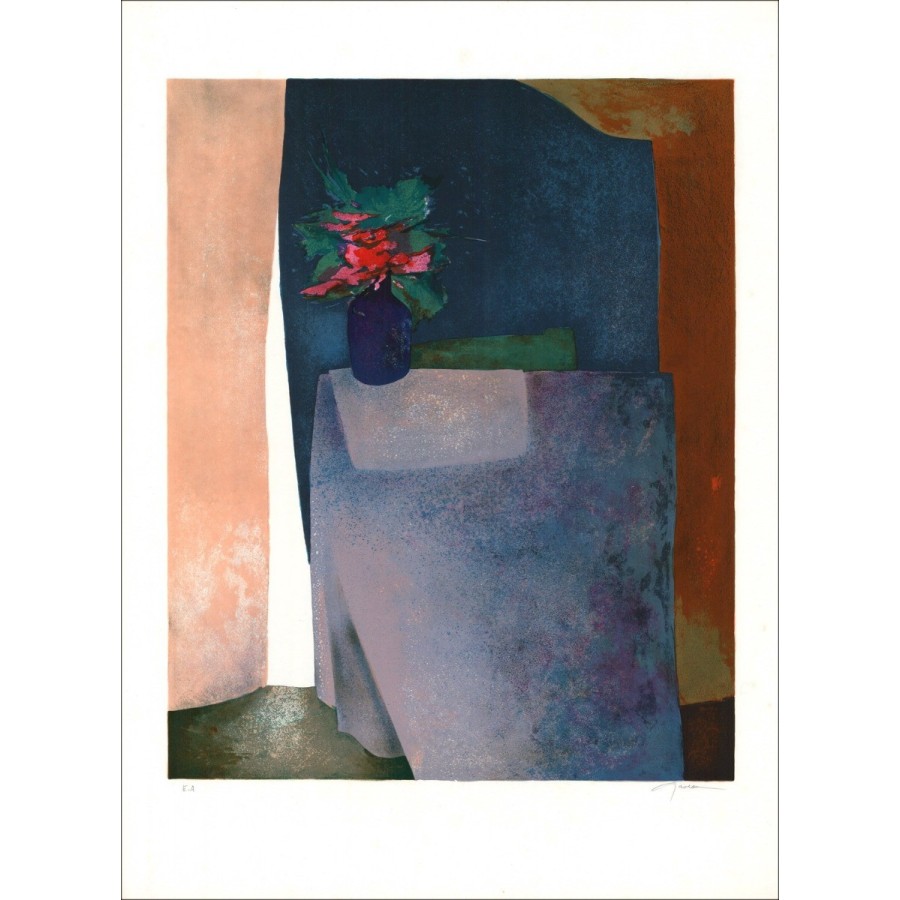 Aankoop originele lithografie Claude GAVEA-boeket op blauw tafelkleed