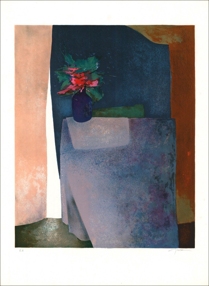 Purchase Original Lithograph Claude GAVEAU Bouquet on blue tablecloth