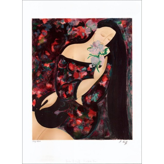 Linda Kinff - Original-Lithographie "Frau mit der blauen Orchidee" 76x55cm