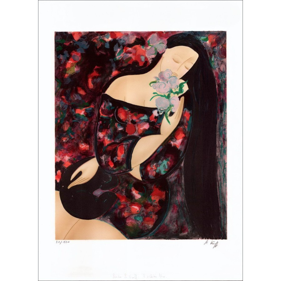 Linda Kinff - Original-Lithographie "Frau mit der blauen Orchidee" 76x55cm