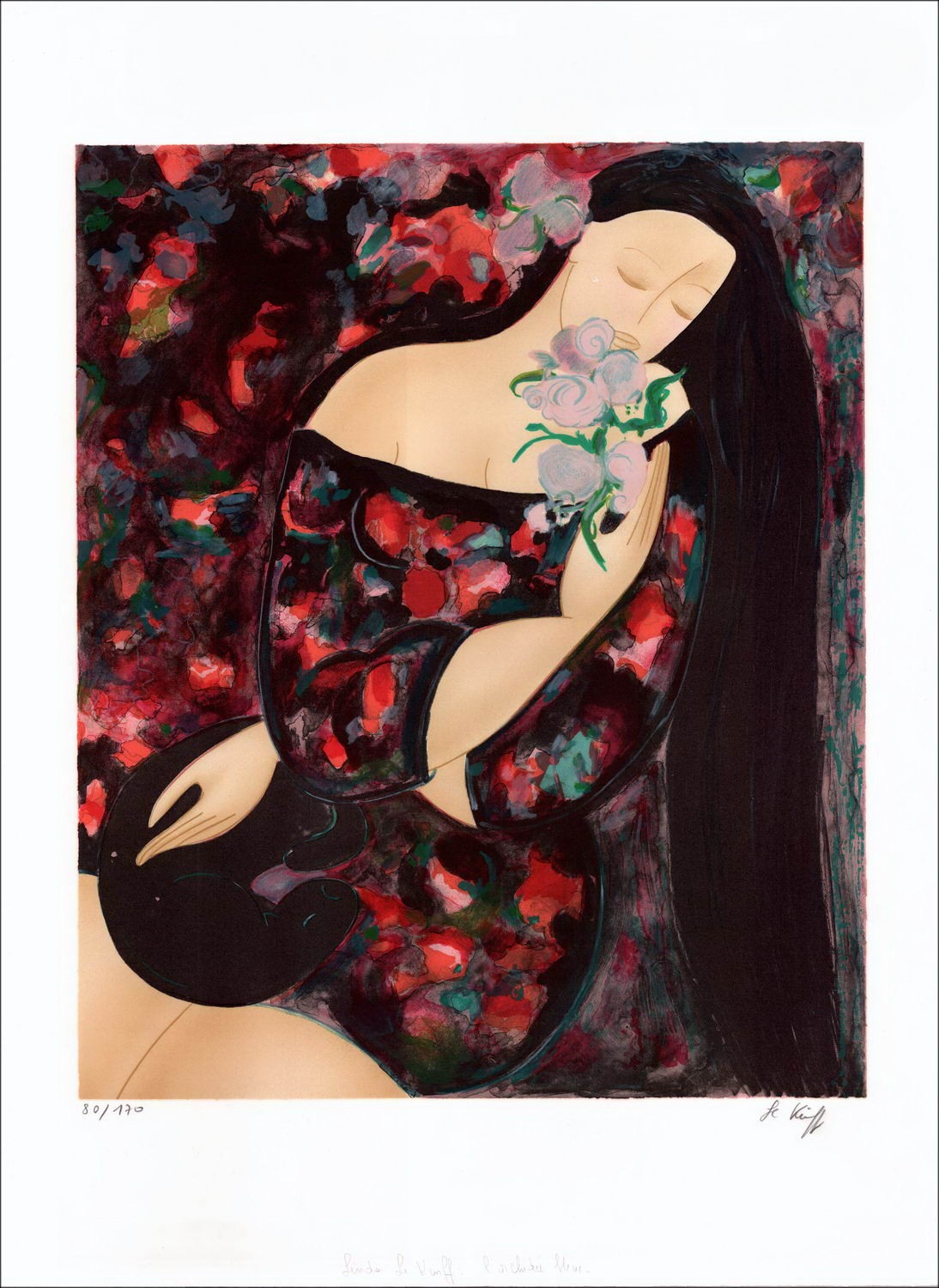 Linda LeFFFF - Lith Origin Original "Vrouw met de blauwe orchidee" 76x55cm