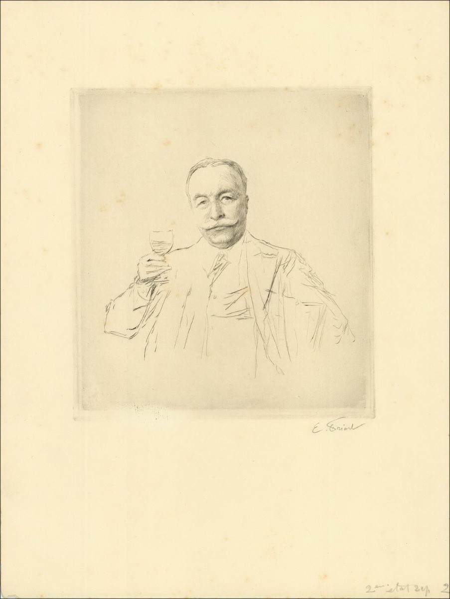 Kaufen Sie den ursprünglichen Gravurmann, der ein Glas von FRIANT Émile hält  