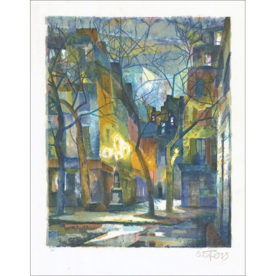 Lithographie originale signée et justifiée "Place, la nuit" 75x54cm - signée au crayon par l'artiste - Gamme Budget, petit pr