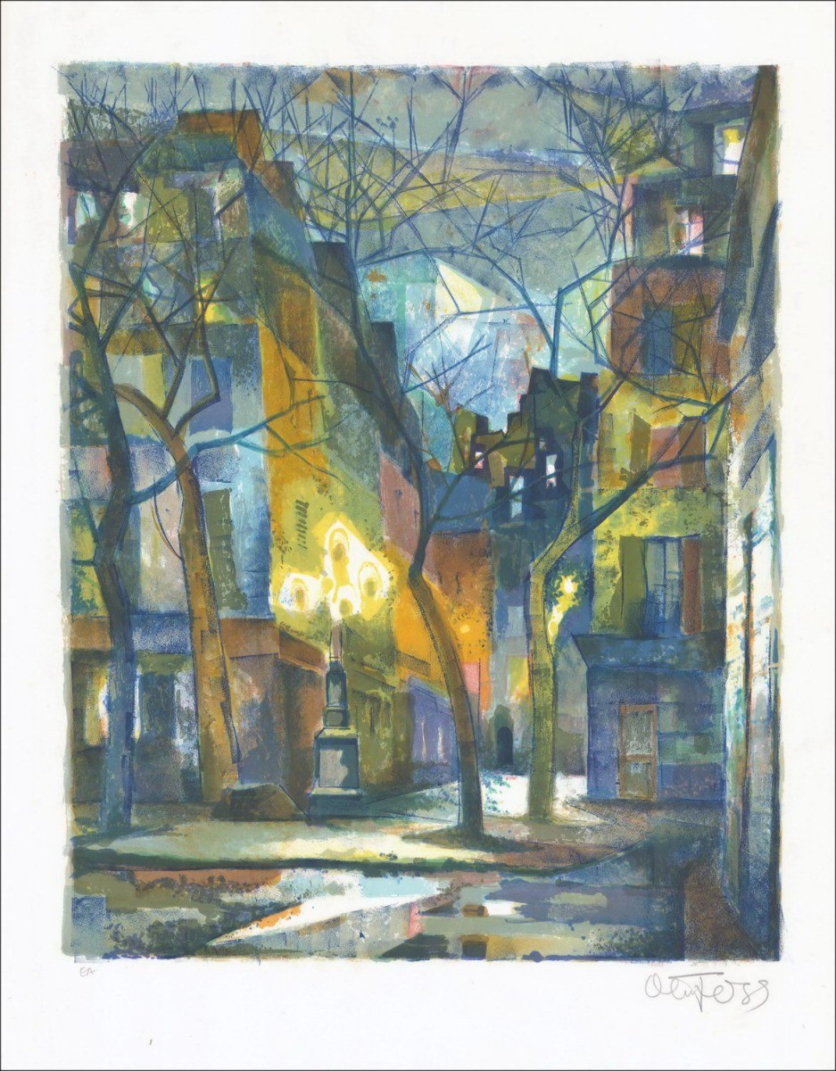 Originalsignierte und gerechtfertigte Lithographie "Ort, nachts" 75x54cm - in Bleistift des Künstlers unterzeichnet - Budgetbere