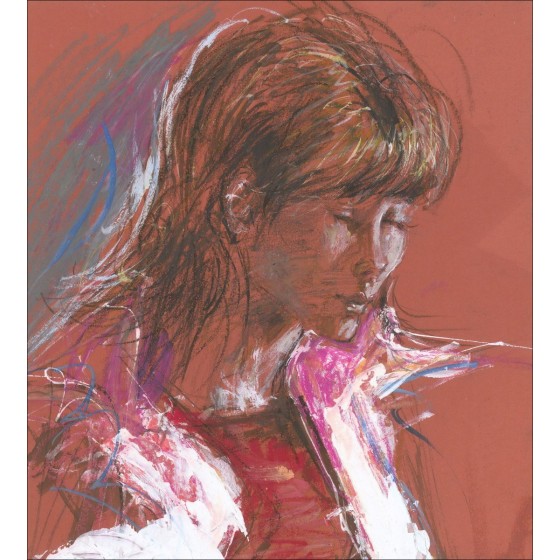 Lucien-Philippe Moretti - Fusana original y dibujo acrílico "Retrato de mujer joven" 34x31cm