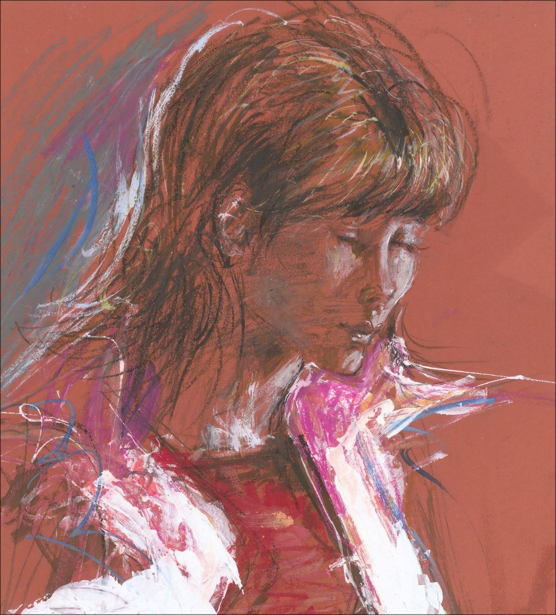 Lucien-Philippe MORETTI - Original drawing with charcoal and acrylic "Portrait of young woman" 34x31cm