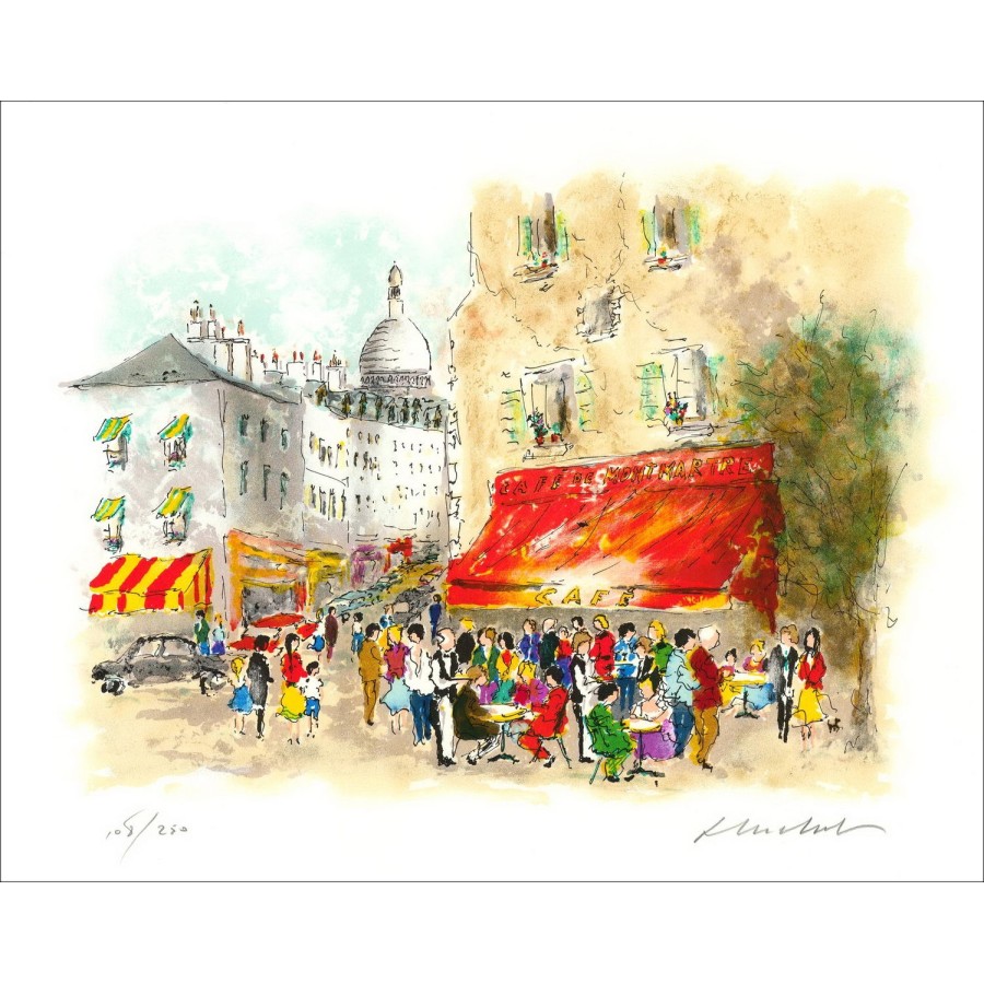 Urban Huchet: Parigi, Cafe de Montmartre, Litografia firmata originale