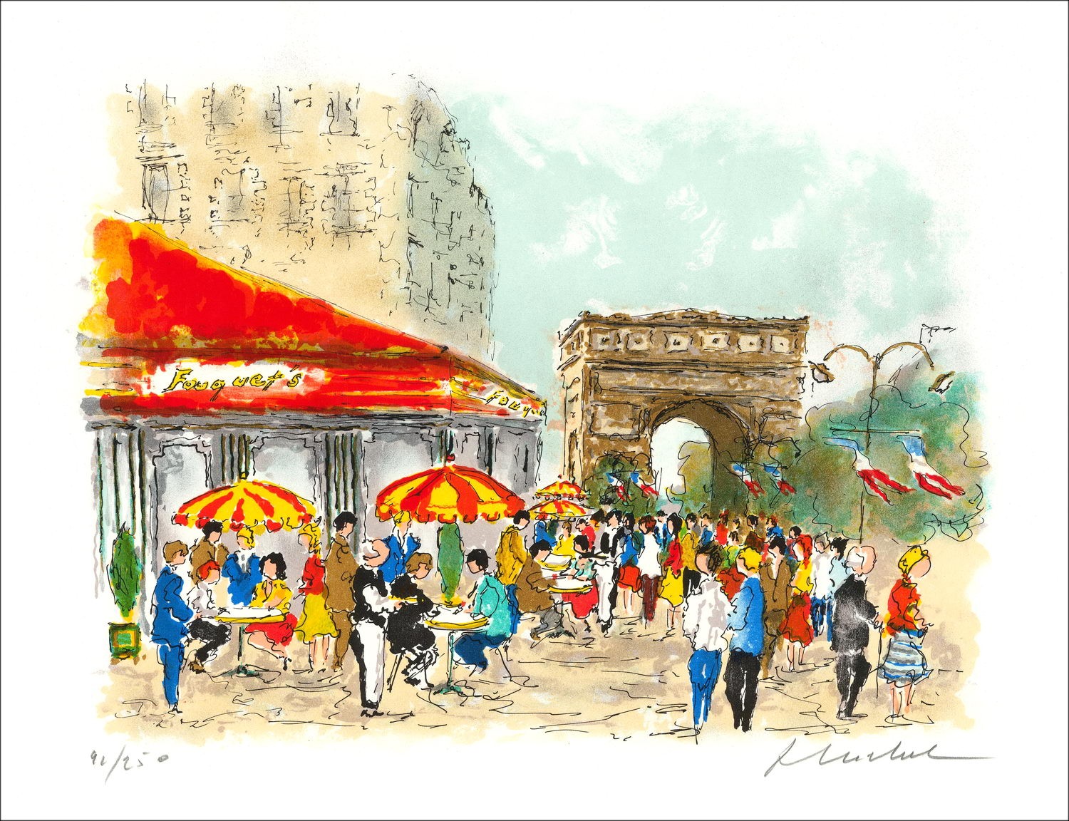 Stedelijke Huchet: Parijs, Champs Elysees, Originele ondertekende lithografie