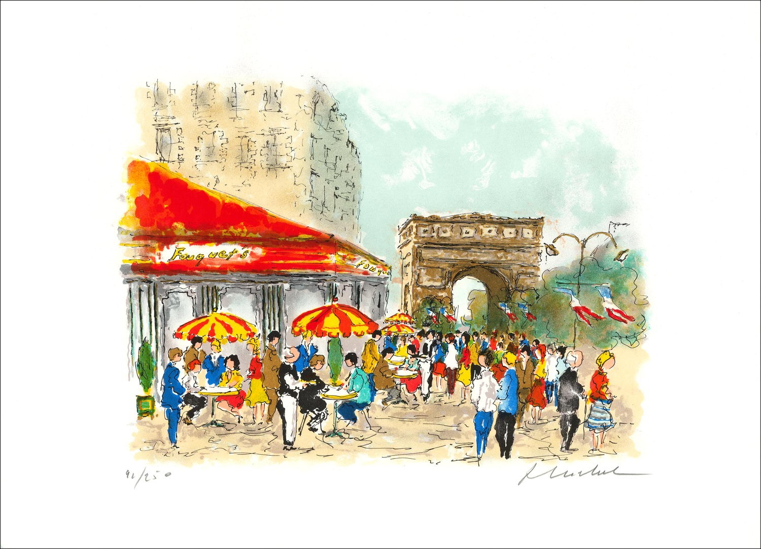 Urbain HUCHET : Paris, Les Champs Elysées, lithographie originale signée