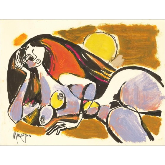 René Margotton - Dibujo original con Gouache "Mujeres cúbicas alargadas" 25x32cm