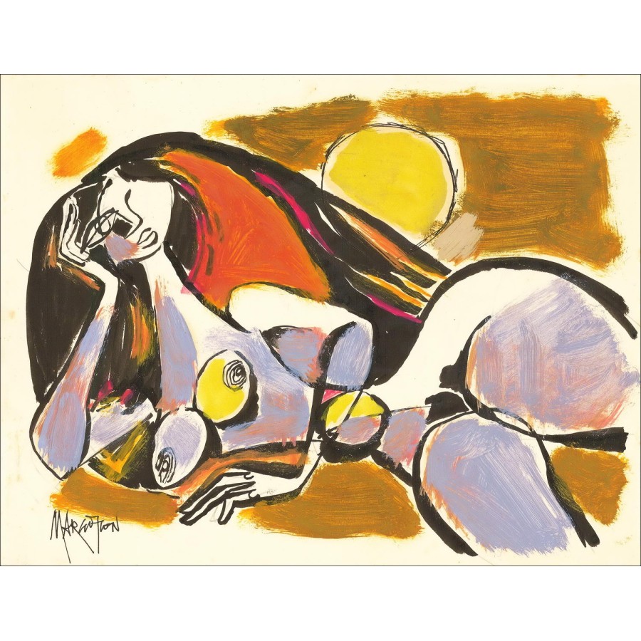 René Margotton - Originele tekening met gouache "langwerpige kubieke naakte vrouwen" 25x32cm