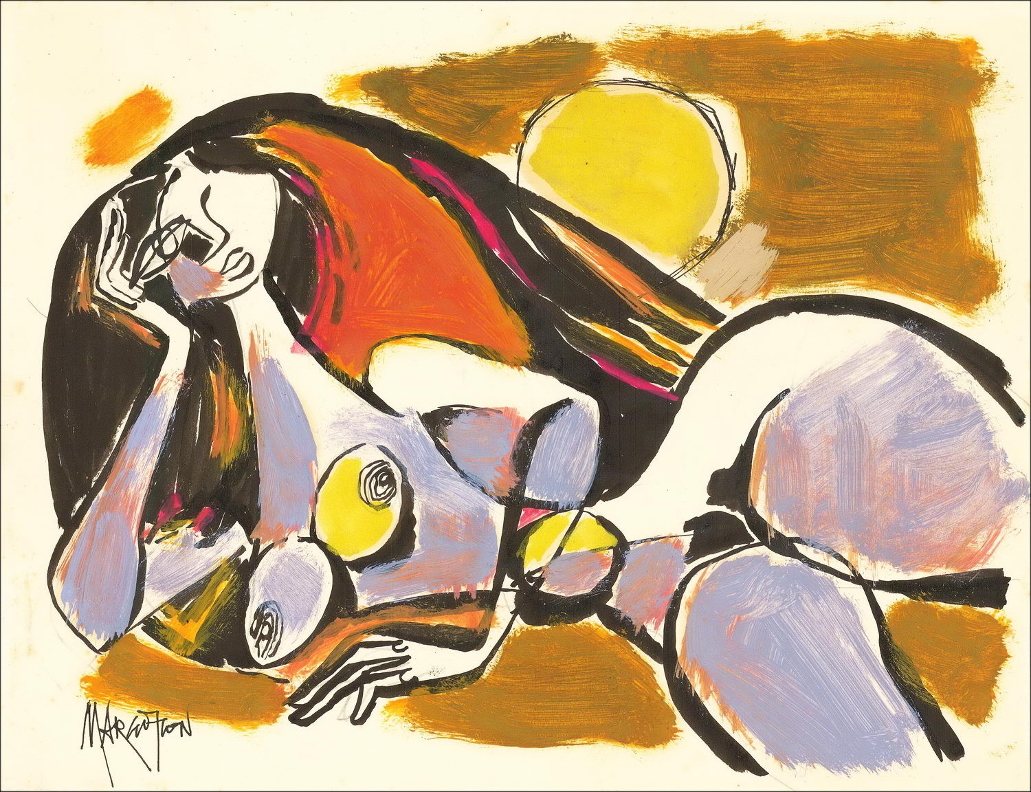 René Margotton - Originele tekening met gouache "langwerpige kubieke naakte vrouwen" 25x32cm