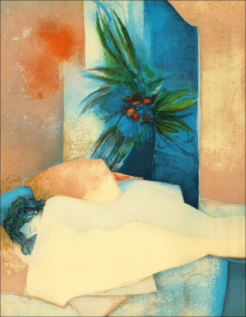 Claude Gaveau, Woman lying down, original lithograph