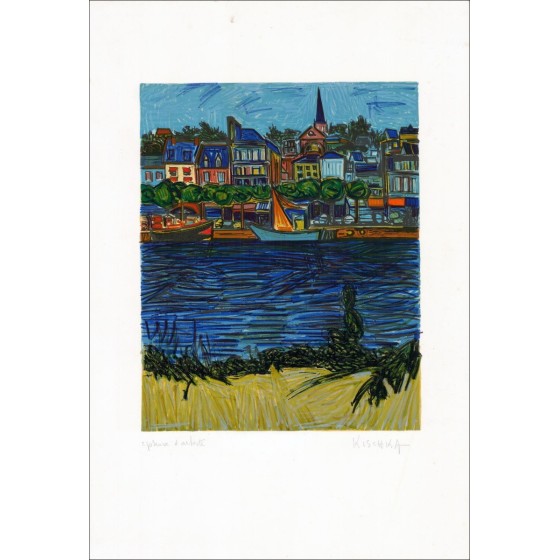 ISIS KISCHKA - Litografía original "Barcos en el puerto" 66x45cm - Firmado en lápiz