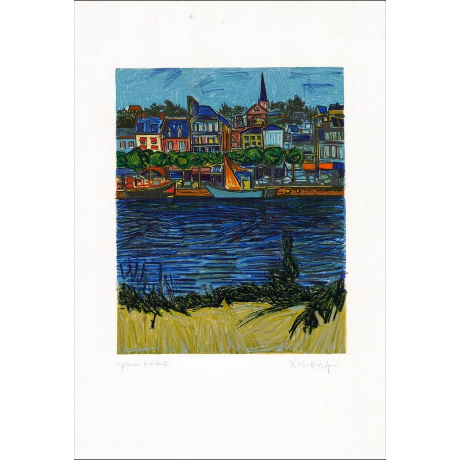 Isis Kischka - Litografia originale "Barche al porto" 66x45cm - firmata a matita