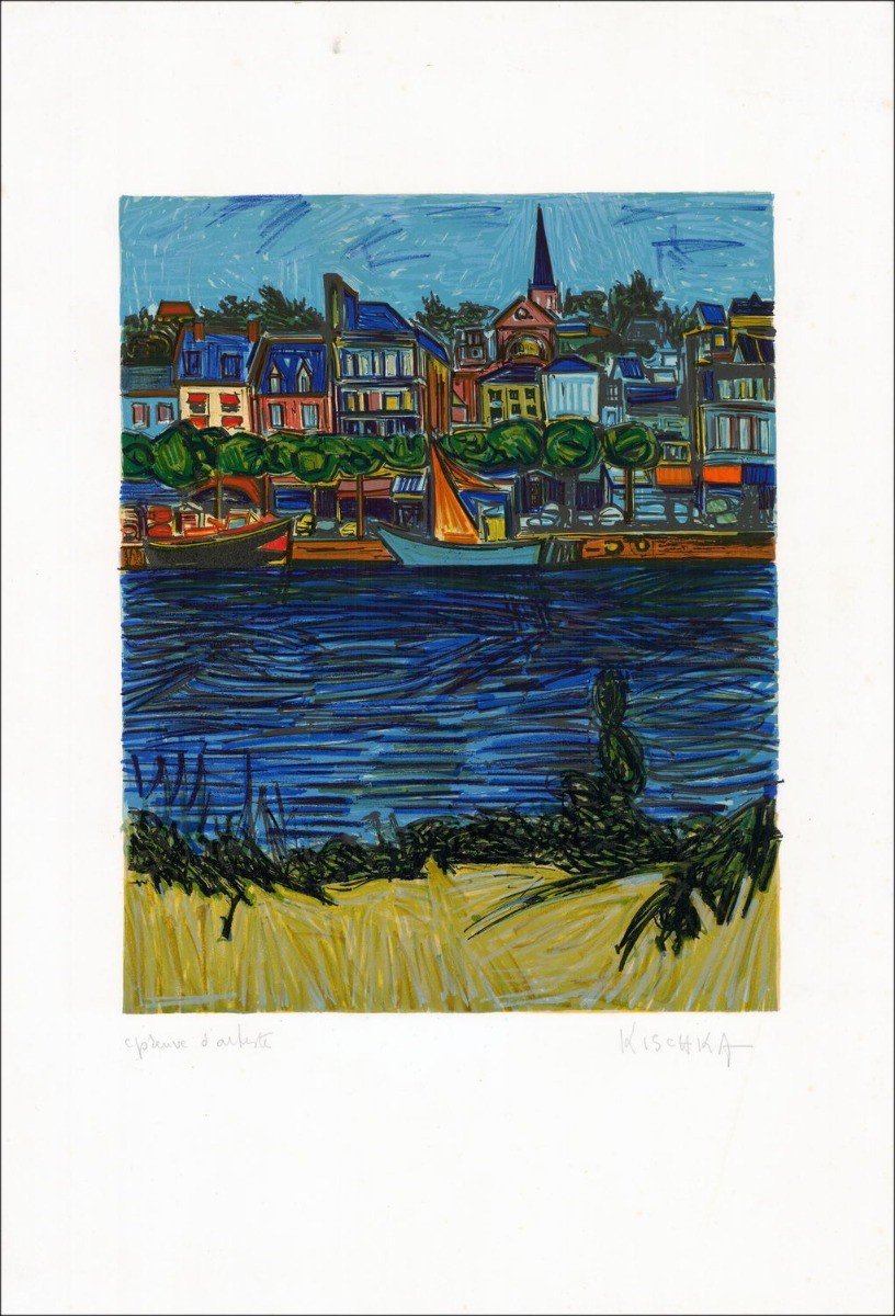 Isis Kischka - Litografia originale "Barche al porto" 66x45cm - firmata a matita