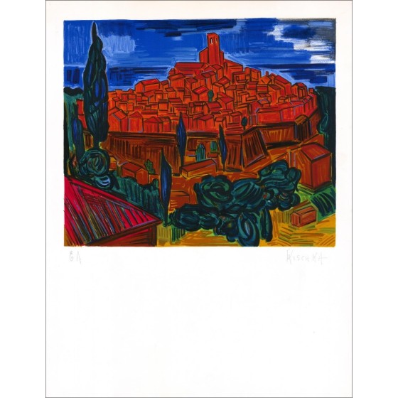 Isis Kischka - Litografía original "Saint Paul de Vence" 70x50cm - firmado en lápiz