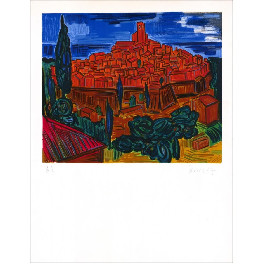 Isis Kischka - Litografia originale "Saint Paul de Vence" 70x50cm - firmato a matita
