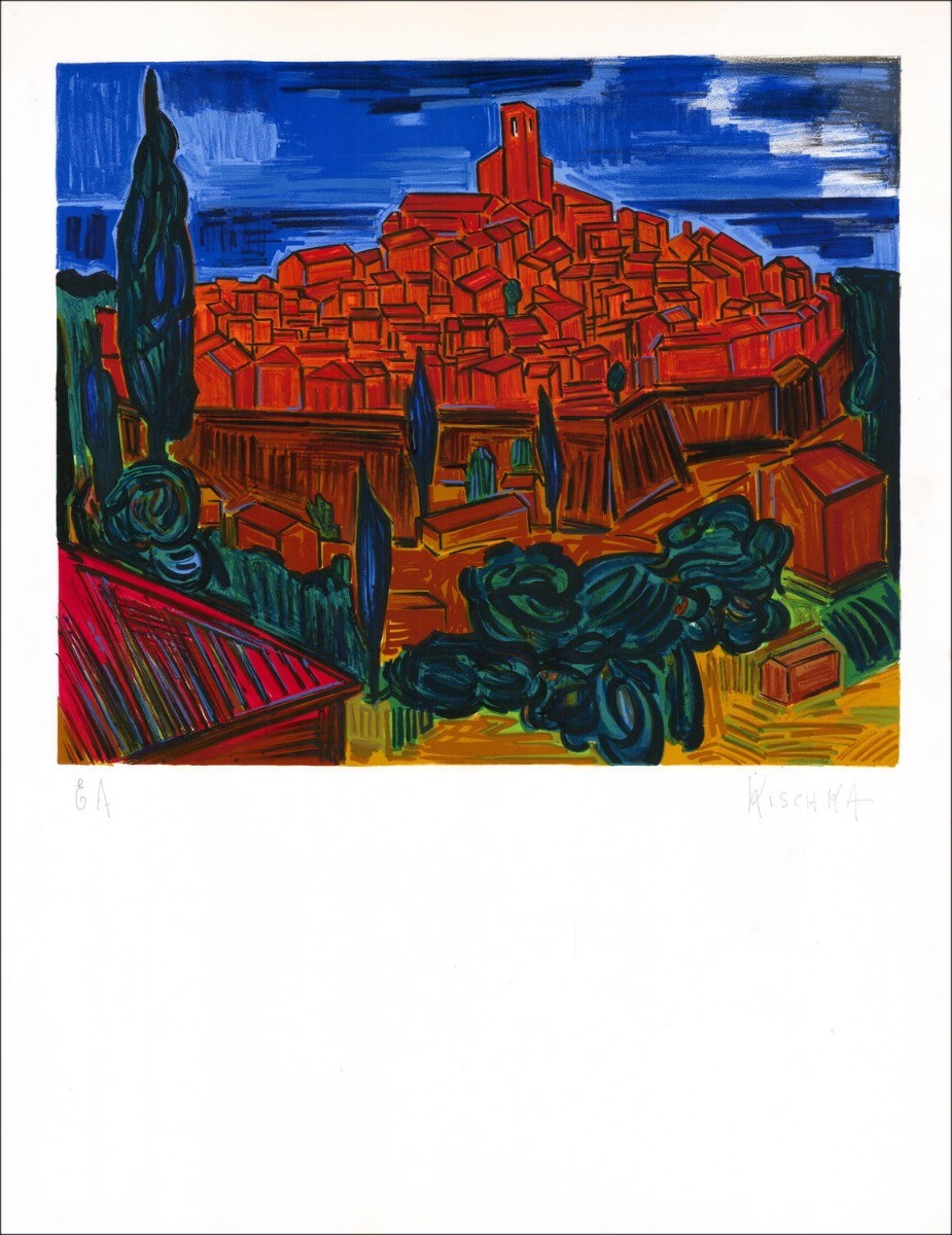 Isis Kischka - Litografía original "Saint Paul de Vence" 70x50cm - firmado en lápiz