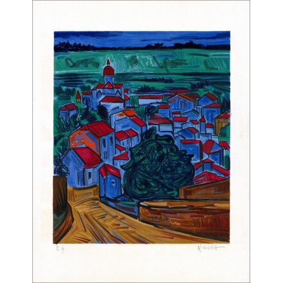 Isis Kischka - Litografía original "Pueblo de Provence" 65x50cm - Firmado en lápiz