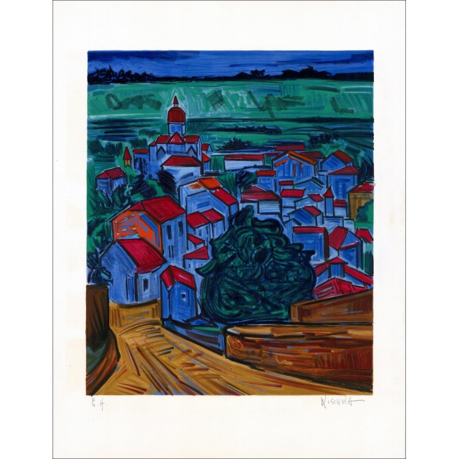 Isis KISCHKA - Lithographie originale "Village de Provence" 65x50cm - Signée au crayon