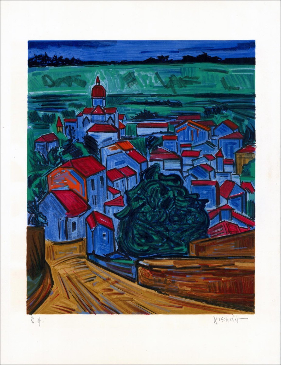Isis Kischka - Originele lithografie "dorp van de Provence" 65x50cm - ondertekend in potlood