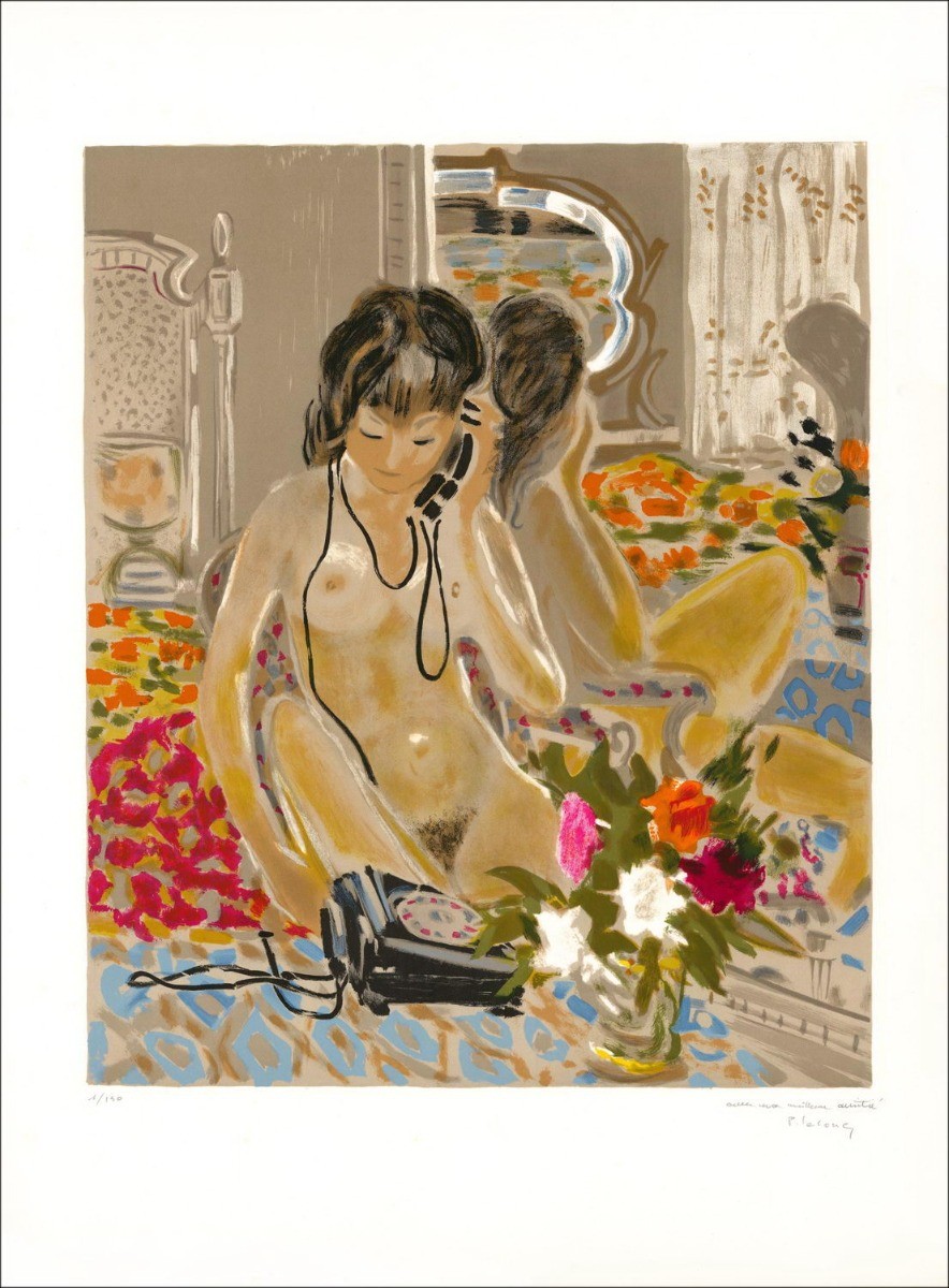 Pierre Lelong - Litografia originale "Donna al telefono" 76x55cm
