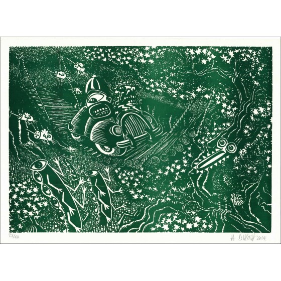 Crossing the bridge, an engraved wood of Hervé di Rosa