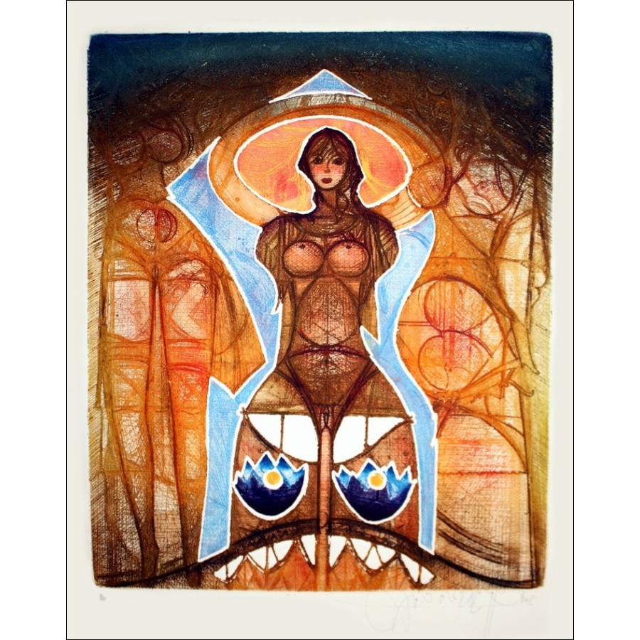 ARBARETAZ Jean-Louis - Oorspronkelijke gravure "Vrouw met twee krokodillen" 76x56cm