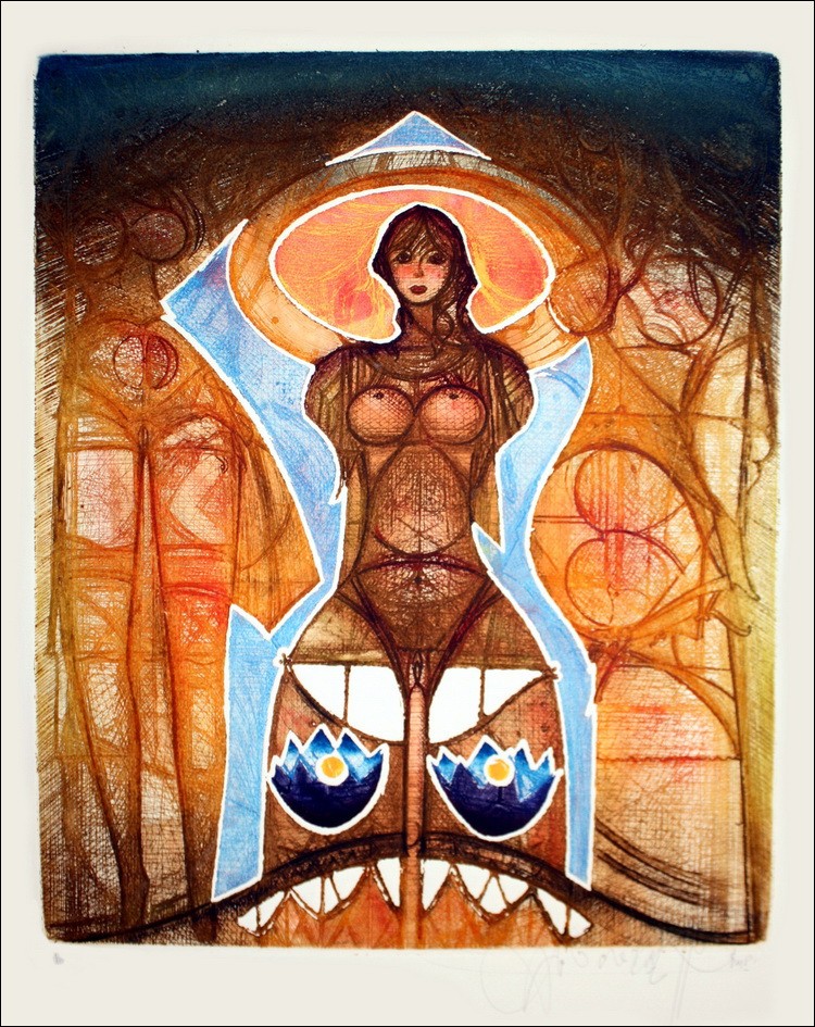 ARBARETAZ Jean-Louis - Originalgravur "Frau mit zwei Krokus" 76x56cm