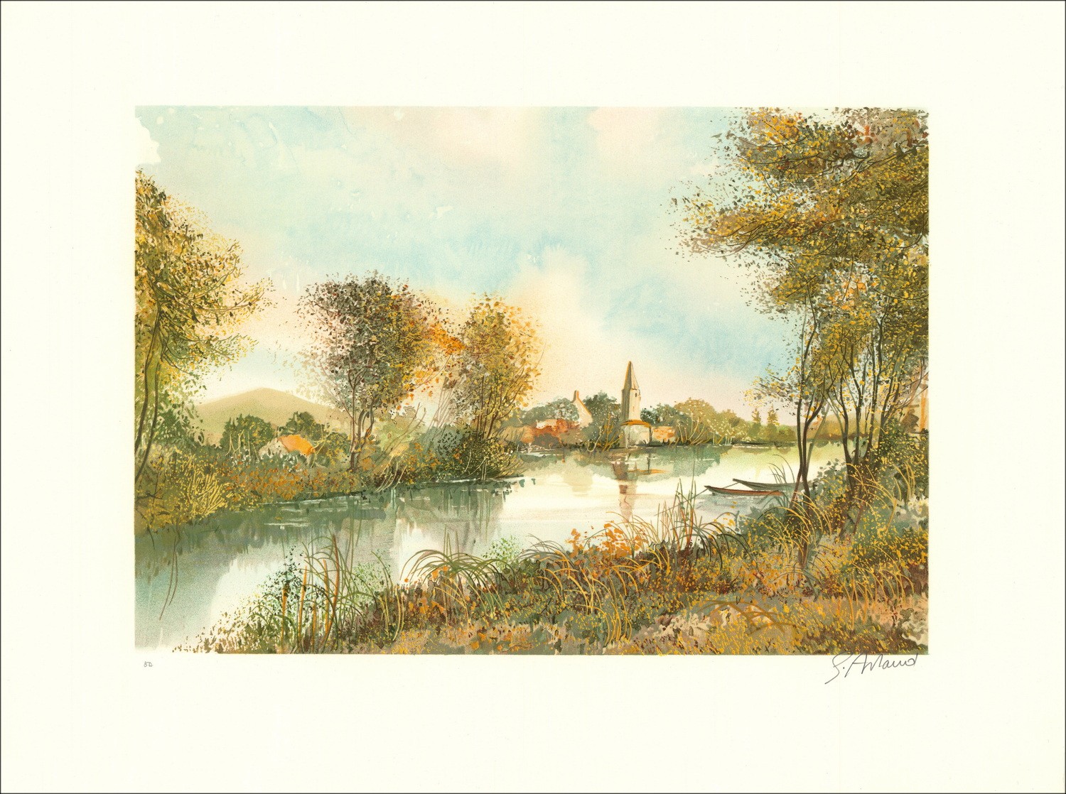 Dorf am Fluss - original signierte und gerechtfertigte Lithographie im Bleistift des Künstlers - Budgetbereich, niedriger Preis,