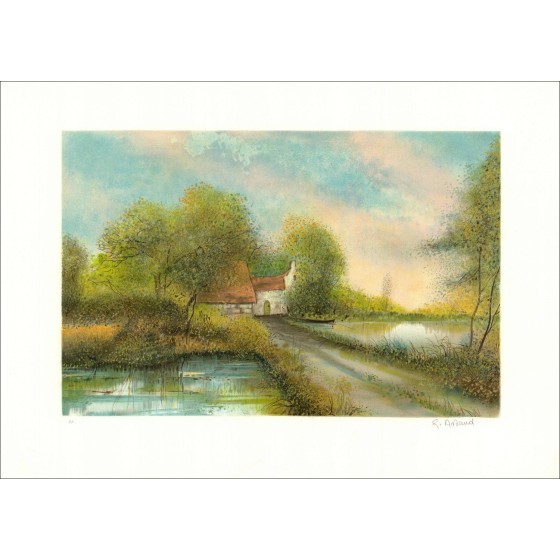 Haus am Rande eines Teichs - Original signierte und berechtigte Lithographie im Bleistift des Künstlers - Budgetbereich, niedrig