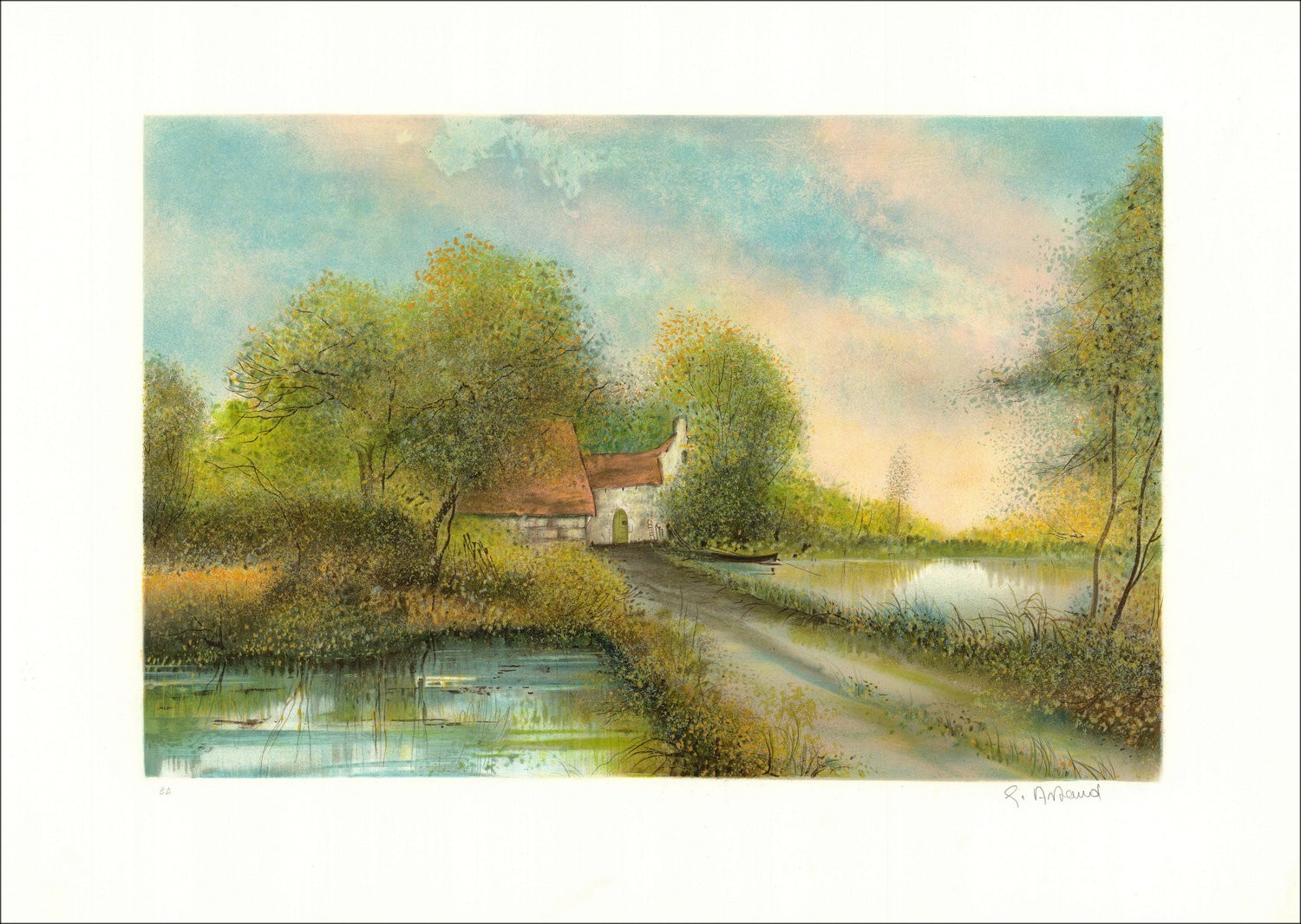 Haus am Rande eines Teichs - Original signierte und berechtigte Lithographie im Bleistift des Künstlers - Budgetbereich, niedrig