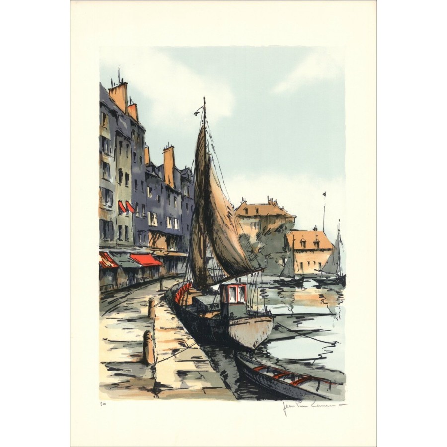 Boten in de haven - Originele lithografie ondertekend en gerechtvaardigd in potlood door de kunstenaar - budgetbereik, kleine pr