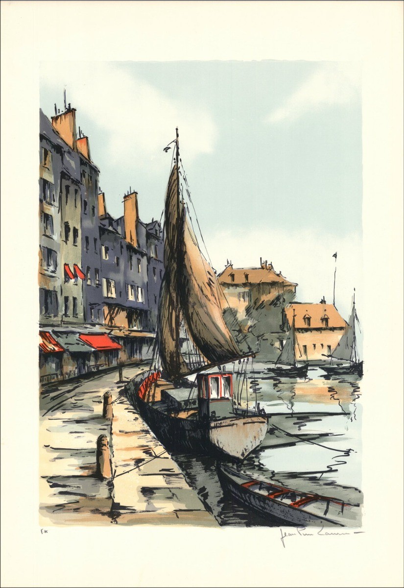 Boten in de haven - Originele lithografie ondertekend en gerechtvaardigd in potlood door de kunstenaar - budgetbereik, kleine pr