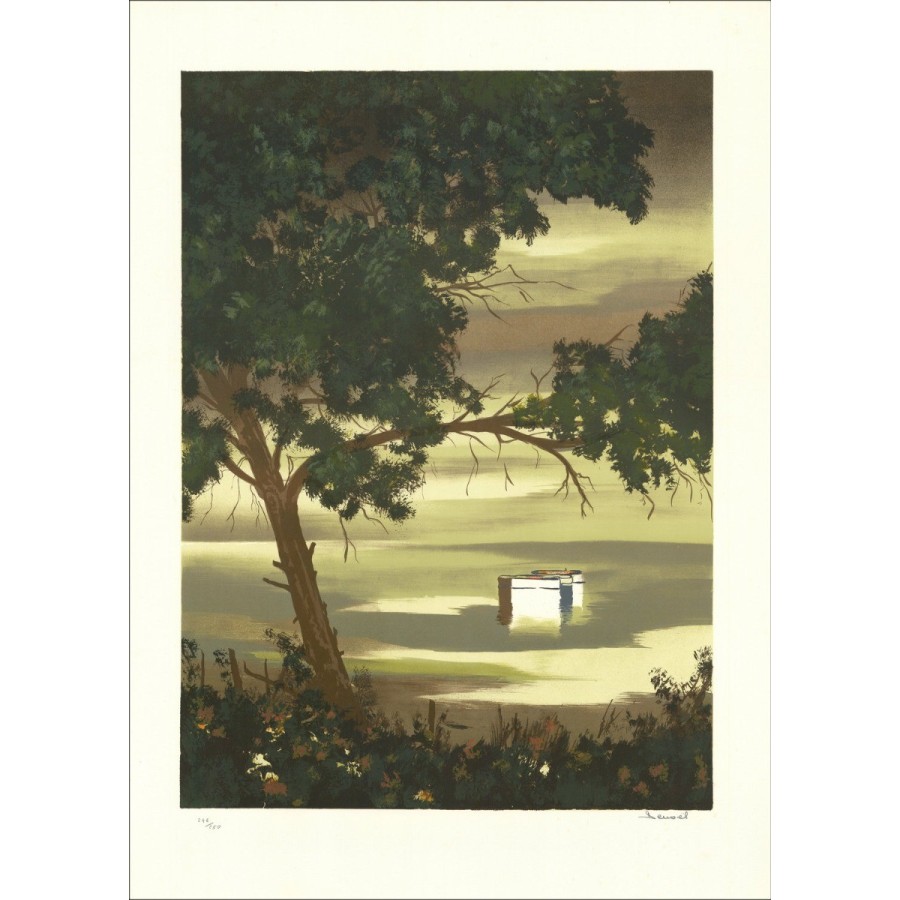 Boats on the pond - Original lithograph numbered and signed in pencil by the artist - Budget range, low price, decoration