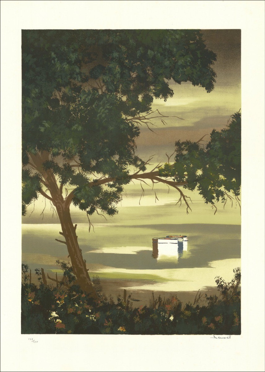 Boote auf dem Teich - Original-Lithographie nummeriert und unterzeichnet in Bleistift des Künstlers - Budgetbereich, kleiner Pre